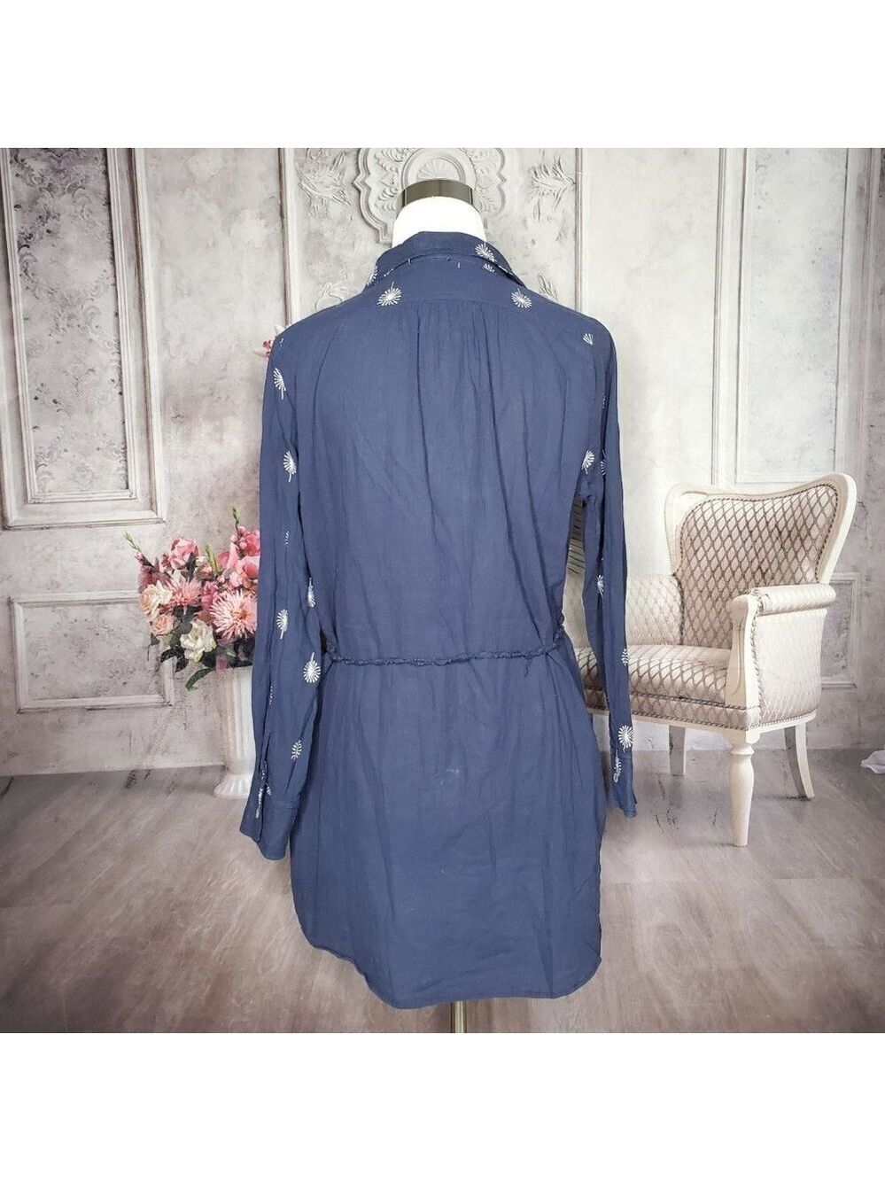 Umgee Dandelions Blue White Collared Button Down Belted Shirt Dress Size Small - Picture 5 of 8